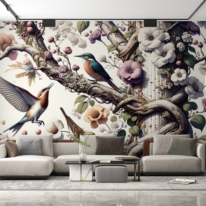 Papel pintado de árbol | Pájaros vibrantes y flores delicadas sobre un fondo de enredaderas y madera entrelazada