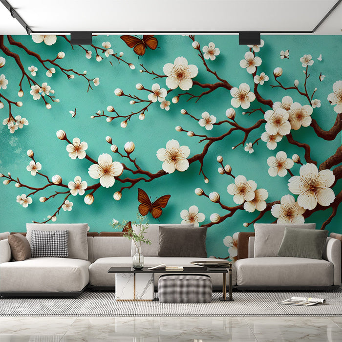 Papel pintado de murales de flores de cerezo japonés | Flores de cerezo blancas con mariposas marrones sobre un fondo verde agua espuma