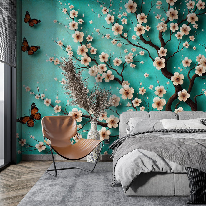 Japanese Cherry Blossom Mural Wallpaper | Aged Blue Background with Butterflies and White Cherry Blossom Flowers