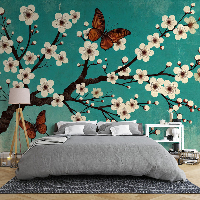 Papel de parede com mural de flor de cerejeira japonesa | Fundo verde água com flores de cerejeira brancas e borboletas marrons