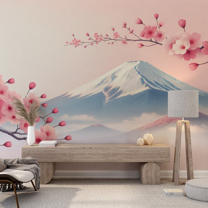 Japanska körsbärsblomstermuraltapet | Mount Fuji och stängda och öppna rosa körsbärsblommor