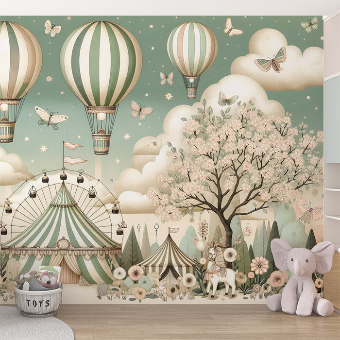 Children's Bedroom Mural Wallpaper | Circus with Hot Air Balloons, Butterflies, and Imaginary Animals