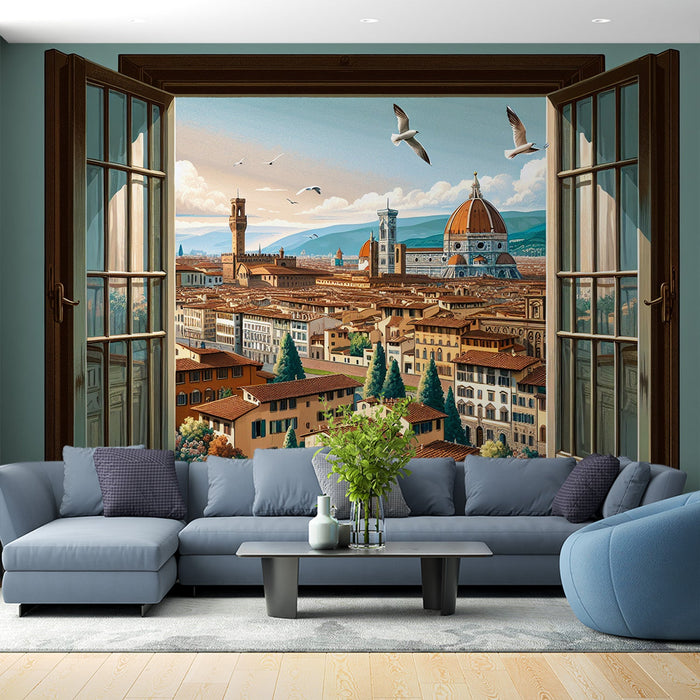 Foto Behang Optische Illusie| Open Raam naar een Voorstelling van de Stad Florence