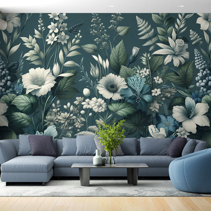Papel de parede com mural de flores | Folhagem sem cor e pétalas de flores em um fundo azul meia-noite