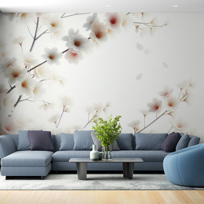 Kirsikkapuun kukka seinätapetti | Realistiset valkoiset kirsikkapuun kukat ripauksella pinkkiä