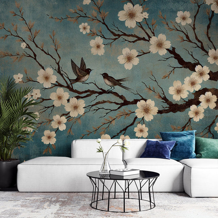 Japanese Cherry Blossom Mural Wallpaper | Midnight Blue with Aged Background and White Cherry Blossom Flowers