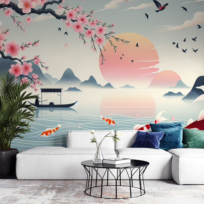 Japanse Cherry Blossom Mural Wallpaper | Zonsondergang en Rustig Meer in Bergachtig Terrein