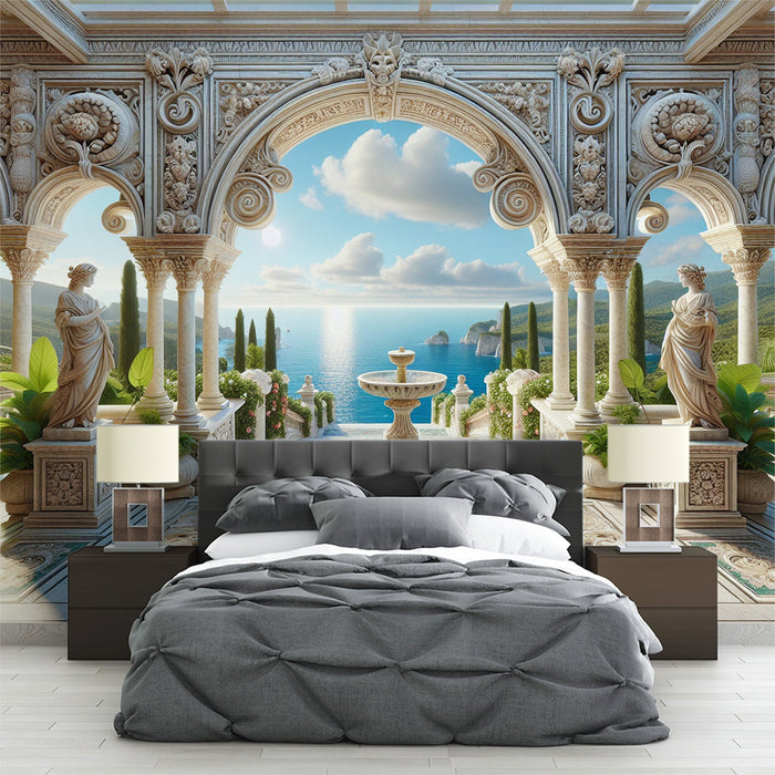 Mural Wallpaper Optical Illusion| Majestic Fountain in an Antique Setting Facing the Mediterranean