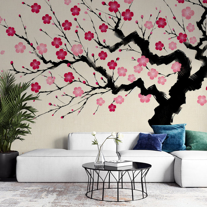 Japanese Cherry Blossom Mural Wallpaper | Vintage Woven Background with Repetitive Red Cherry Blossom Flowers
