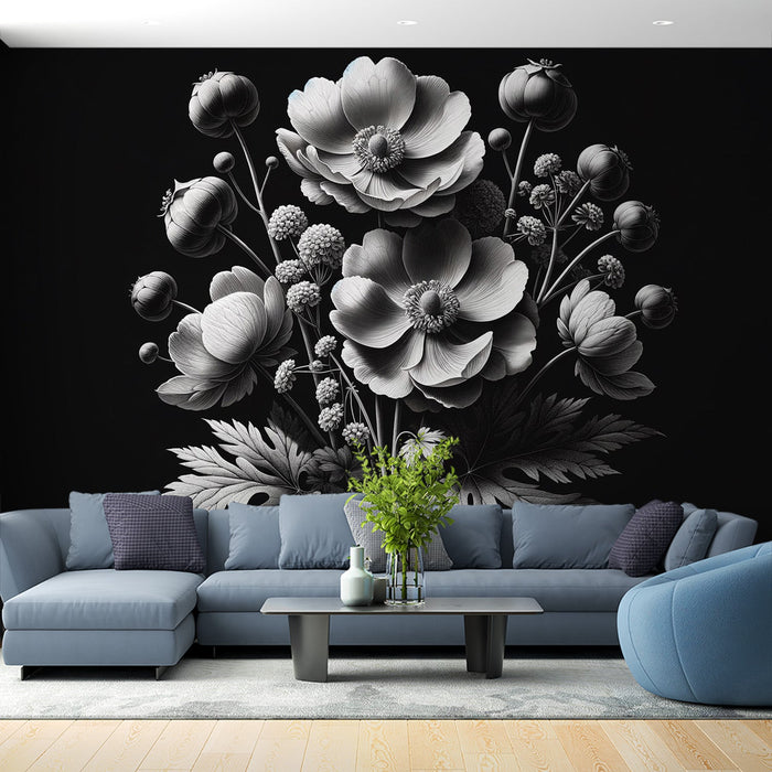 Papel pintado en blanco y negro | Grandes flores con pétalos abiertos y cerrados blancos