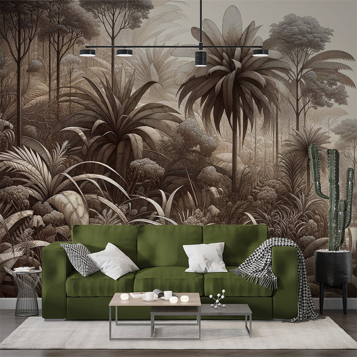 Jungle Mural Wallpaper | Monochrome Tropical Forest with Variety of Plants and Palm Trees