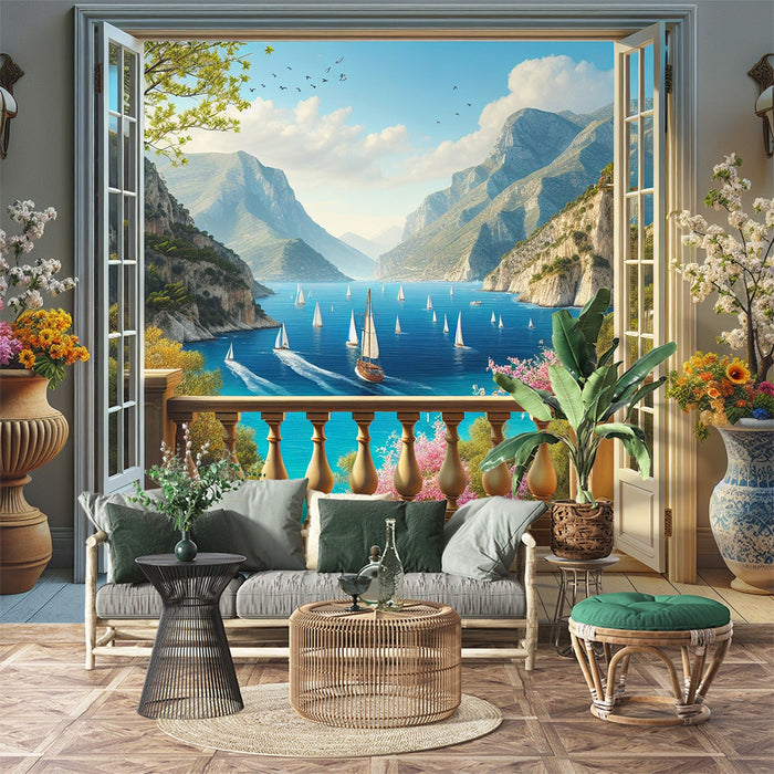 Mural Wallpaper Optical Illusion | Open French window with a breathtaking view of a boat departure