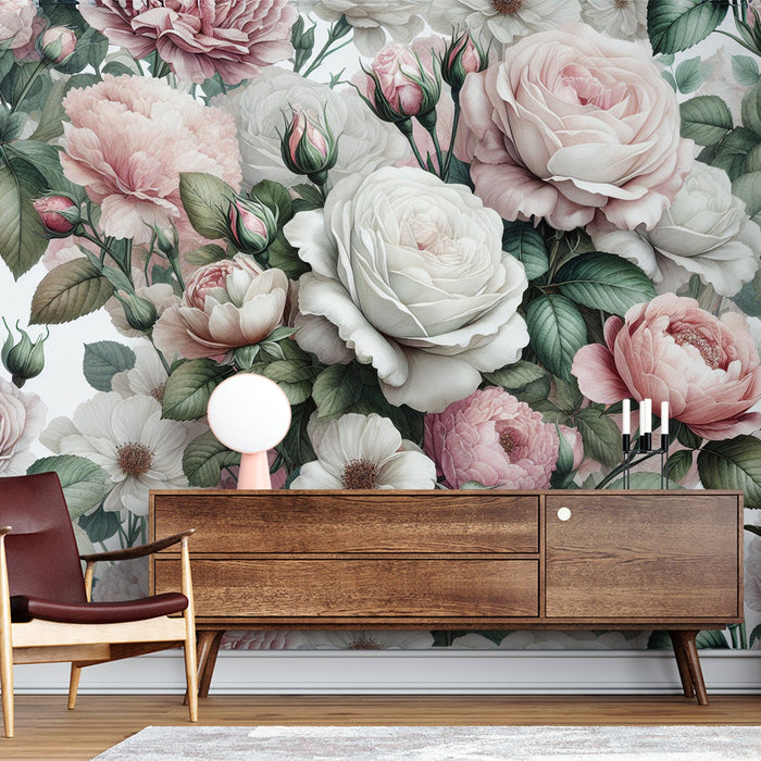 Pastel Floral Mural Wallpaper | Wit en Roze Bloemencompositie met Groene Bladeren