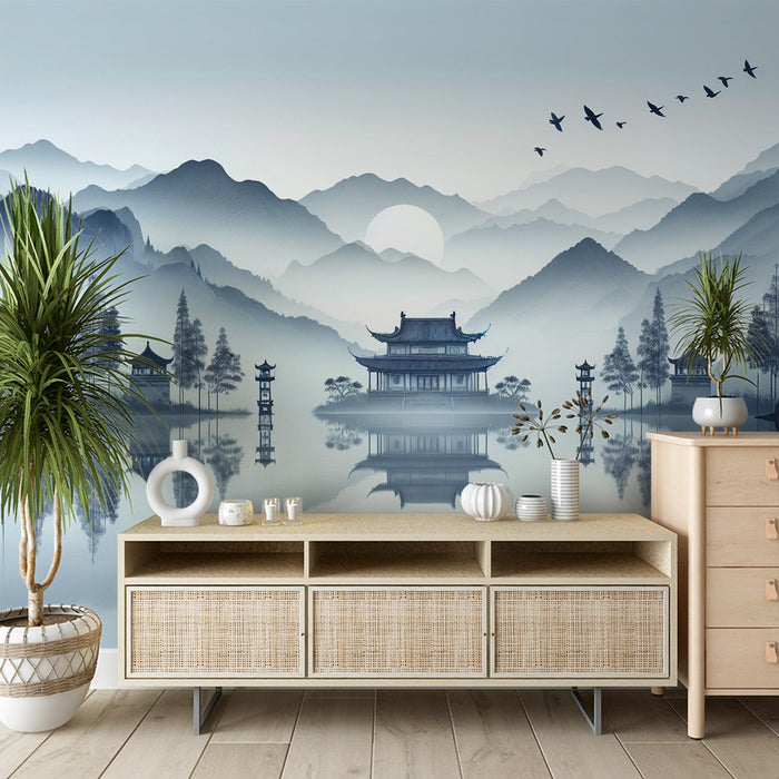 Papel pintado Zen | Inspiración del amanecer frente a un templo japonés y un lago tranquilo