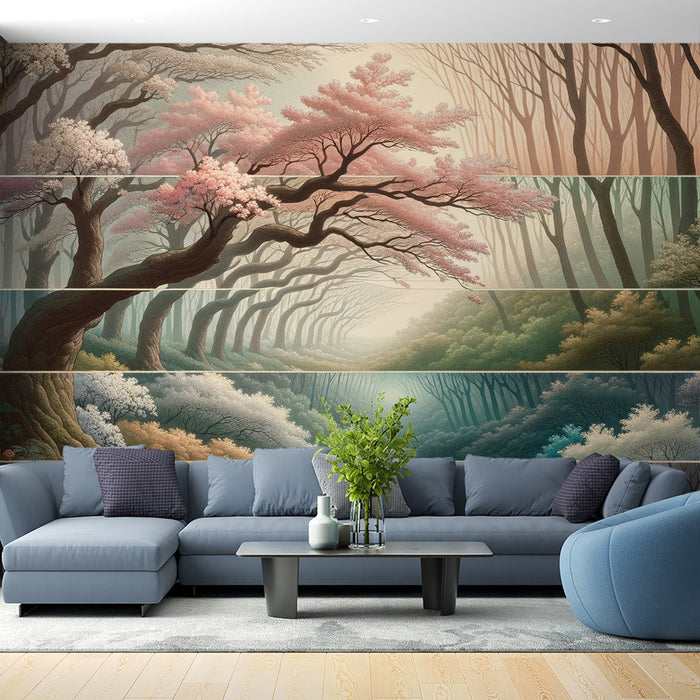 Papel de parede da Floresta | Árvores estilizadas ao longo das estações com uma paleta de cores suaves
