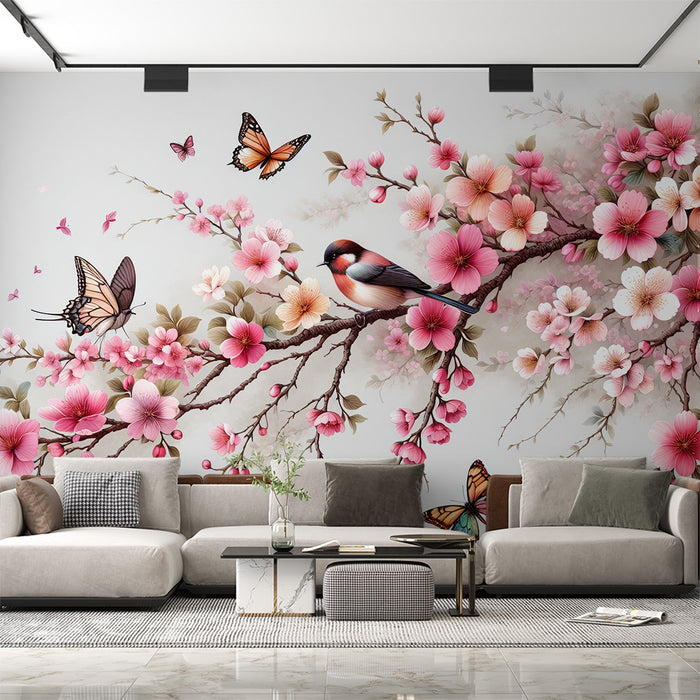 Kirsikkapuun kukka Mural-tapetti | Linnut ja perhoset vaaleanpunaisilla kirsikkapuun oksilla