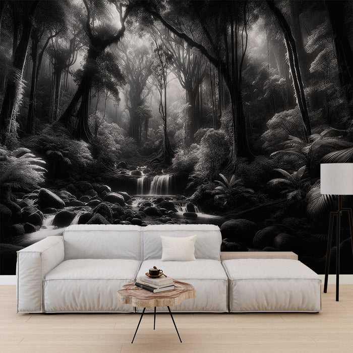 Papel pintado tropical en blanco y negro | Cascada y ríos en las profundidades de un bosque tropical