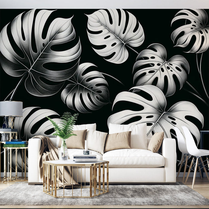 Papel de parede com mural de folhagem preta e branca | Grandes folhas brancas de monstera em um fundo preto
