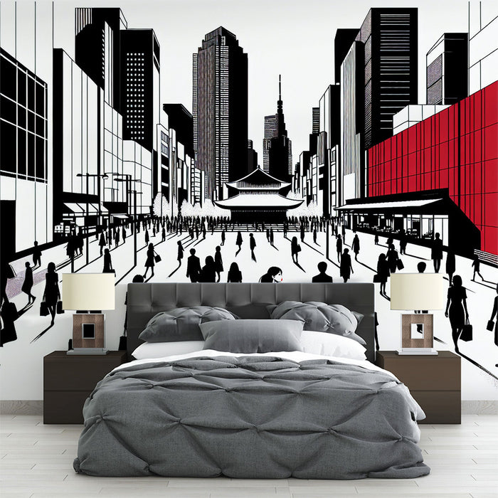 Black and White Comic Mural Wallpaper | Deepening Japan's Color with Woman in Red