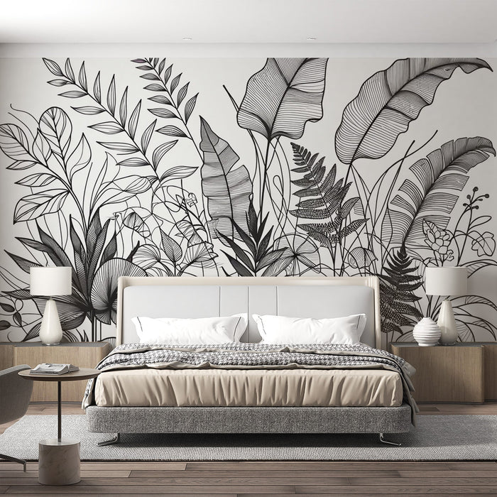 Black and White Foliage Mural Wallpaper | Composition in Line Art Style of Various Foliage