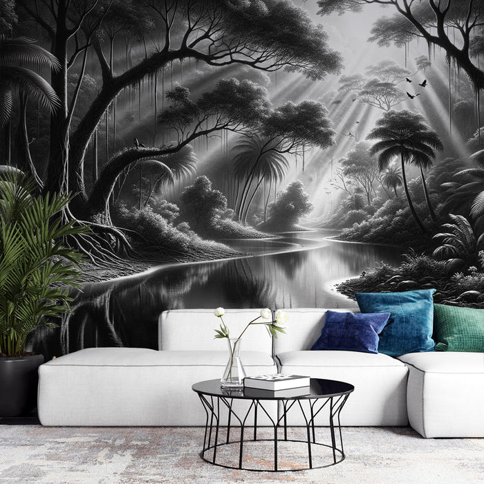 Papel de parede tropical preto e branco | Rio sereno no meio de uma floresta tropical maciça