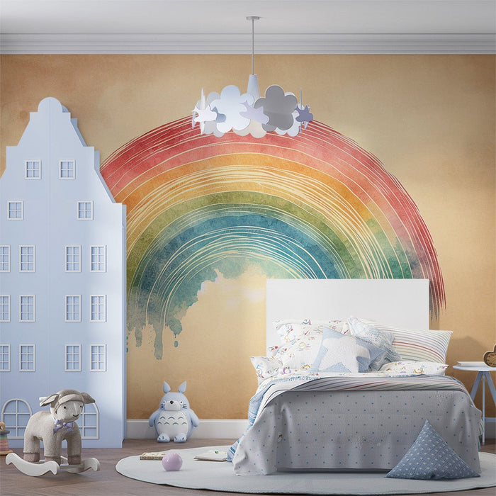 Rainbow Mural Wallpaper | Colorful Watercolor on Vintage Aged Background