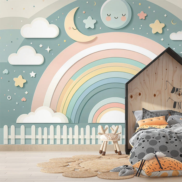 Rainbow Mural Wallpaper | Sweet Night with Full Moon and Crescent Moon