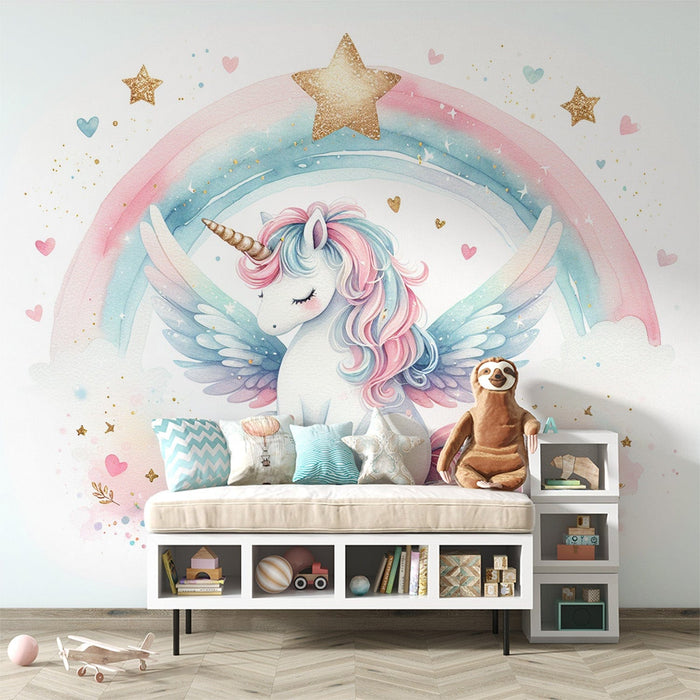 Rainbow Mural Wallpaper | Golden Stars, Unicorn, and Watercolor Rainbow