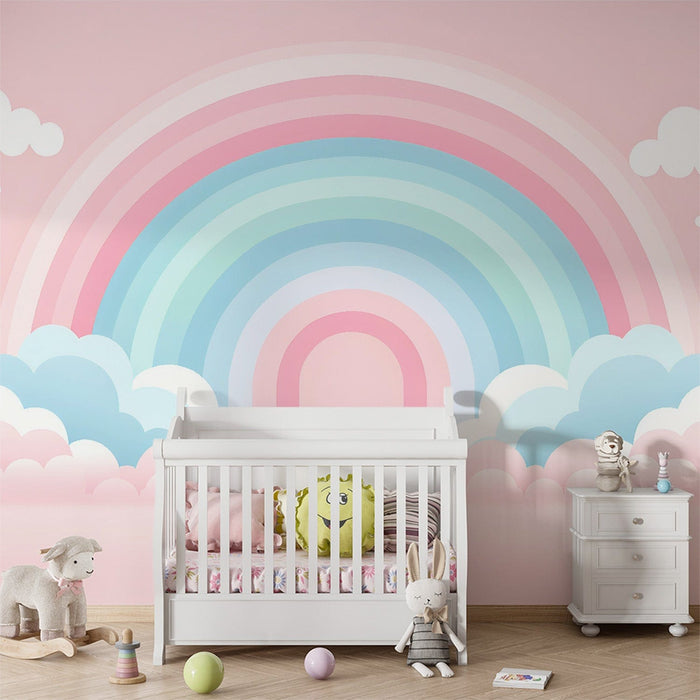 Rainbow Mural Wallpaper | Pink Background with Pink and Blue Clouds