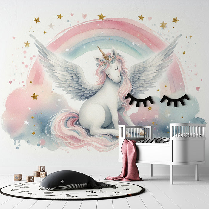 Rainbow Mural Wallpaper | Watercolor Unicorn with Golden Stars