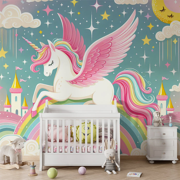 Rainbow Mural Wallpaper | Unicorn and Cloud on Pink Background