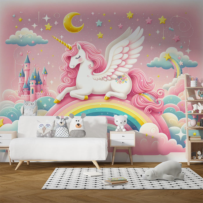 Rainbow Mural Wallpaper | Unicorn, Stars, and Castle on a Pink Background