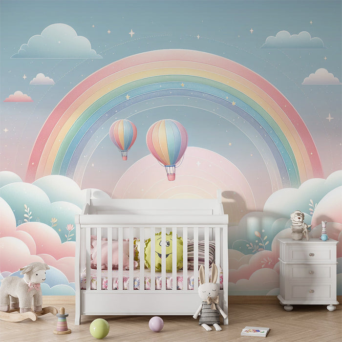 Rainbow Mural Wallpaper | Hot Air Balloons, Clouds, and Sunrise