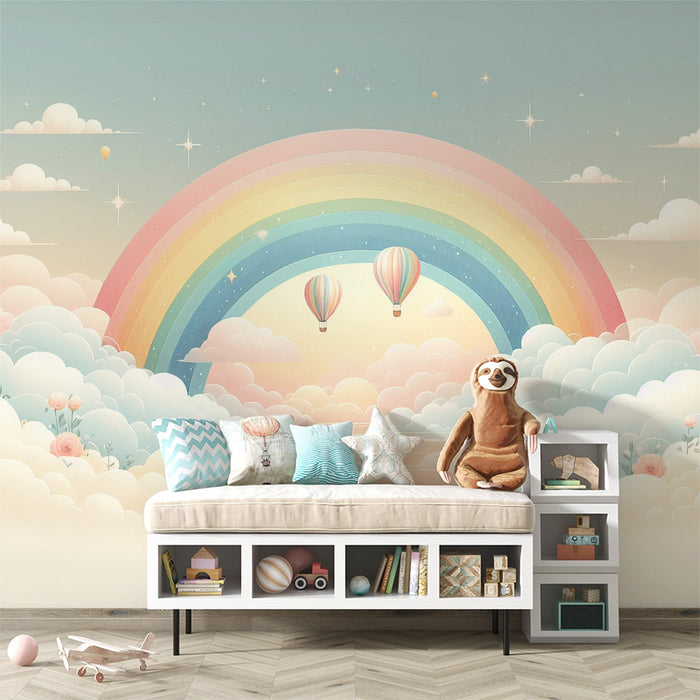 Rainbow Mural Wallpaper | Hot Air Balloons, Clouds on Pastel Background