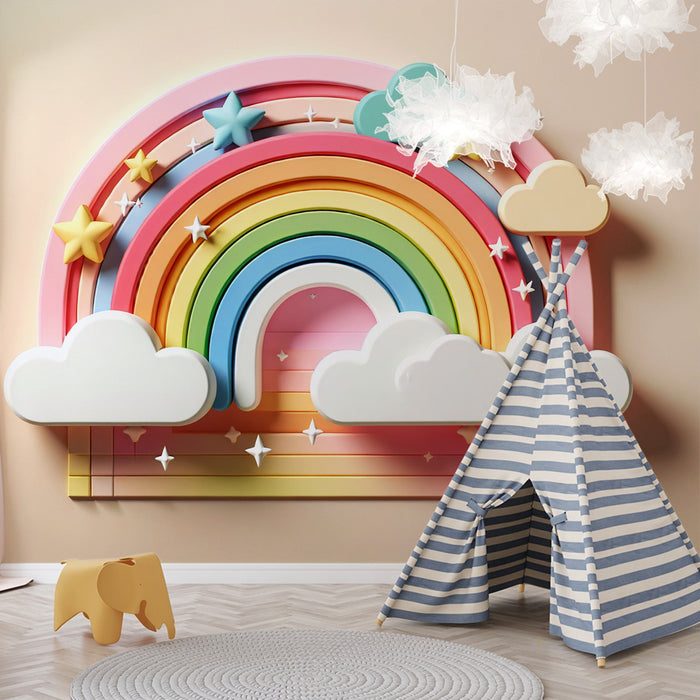 Regenboog Foto Behang | 3D Wolk en Regenboog op Beige Achtergrond