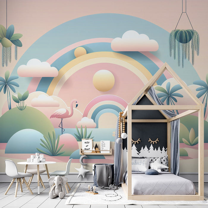 Rainbow Mural Wallpaper | Cloud and Pink Flamingo with Tropical Oasis