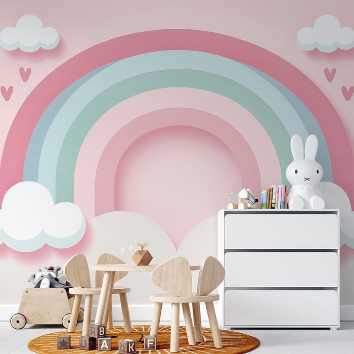 Rainbow Mural Wallpaper | Cloud and Little Heart on Pink Background