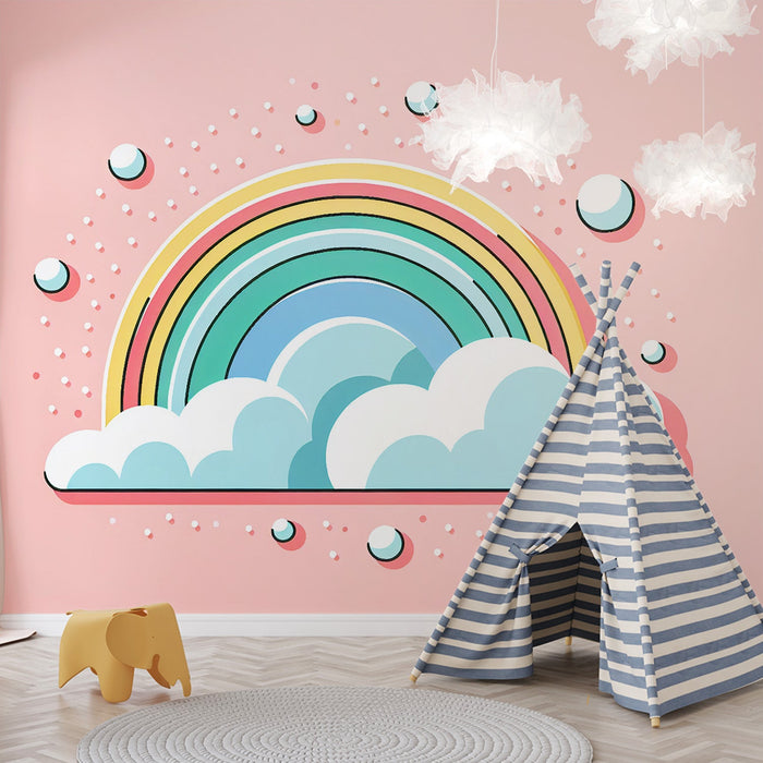 Rainbow Mural Wallpaper | 3D Clouds and Pink Background