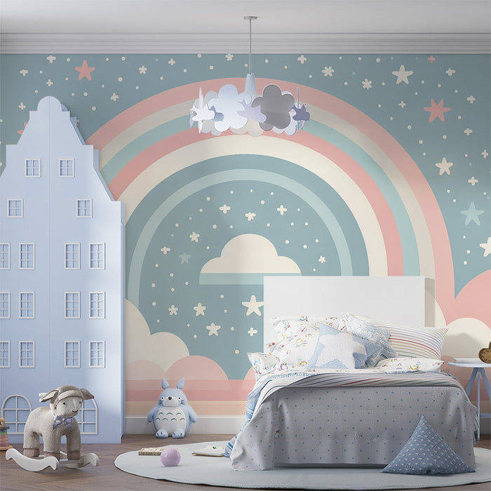 Rainbow Mural Wallpaper | White and Pink Clouds, Stars, and Blue Background