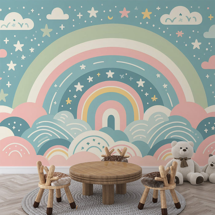 Rainbow Mural Wallpaper | Multicolored Clouds with Stars and Rainbow