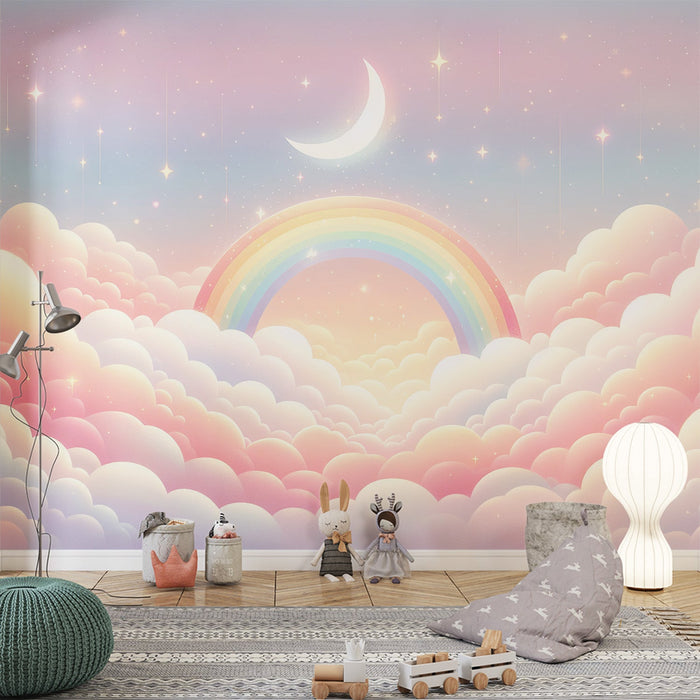 Rainbow Mural Wallpaper | Pink Clouds, Stars, and Crescent Moon