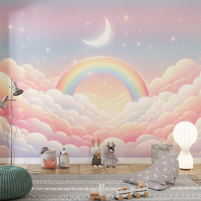 Papel de parede mural arco-íris | Nuvens cor-de-rosa, estrelas e lua crescente