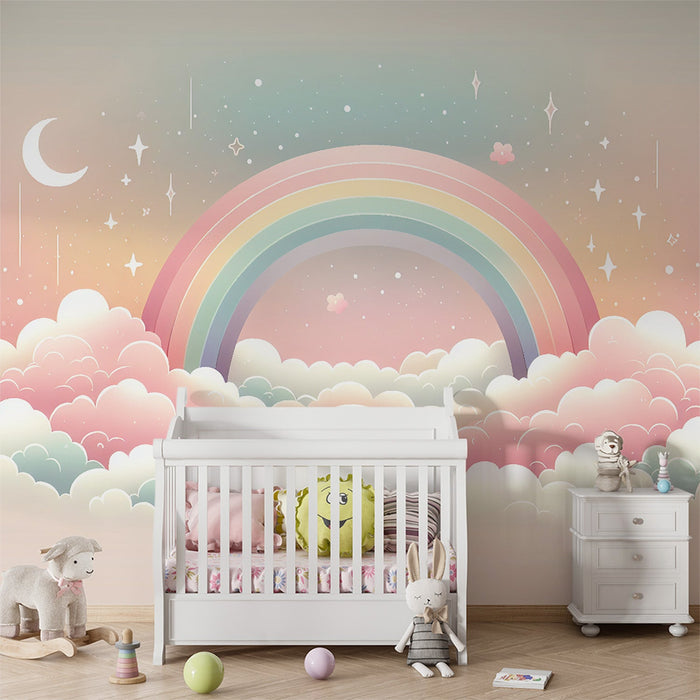 Papel de parede de mural arco-íris | Nuvens cor-de-rosa, estrelas, lua crescente arco-íris