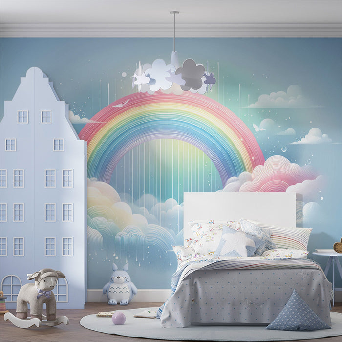 Rainbow Mural Wallpaper | Clouds, Rainbow with Rain on Blue Background