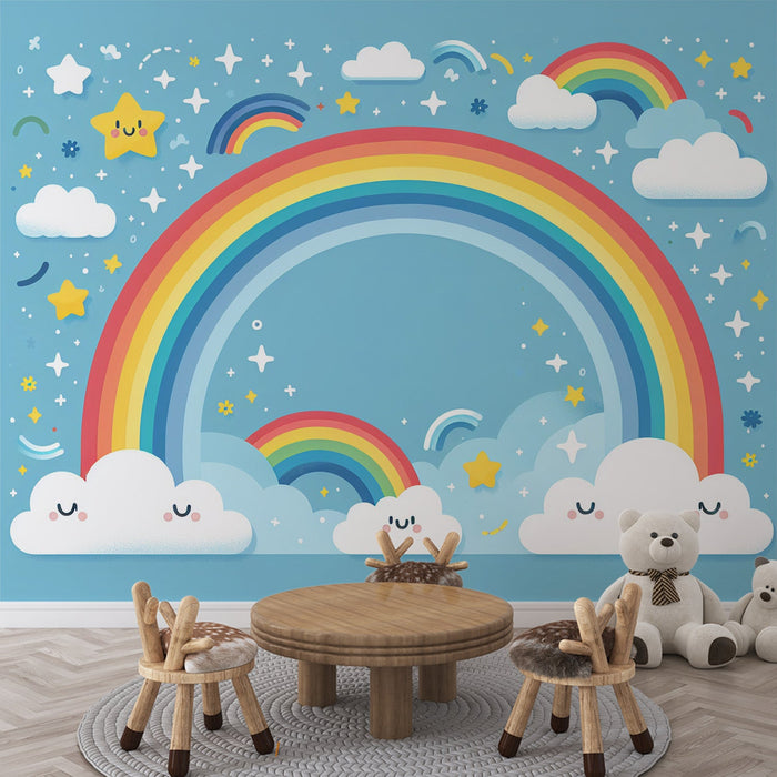 Rainbow Mural Wallpaper | Clouds, Stars on Blue Background
