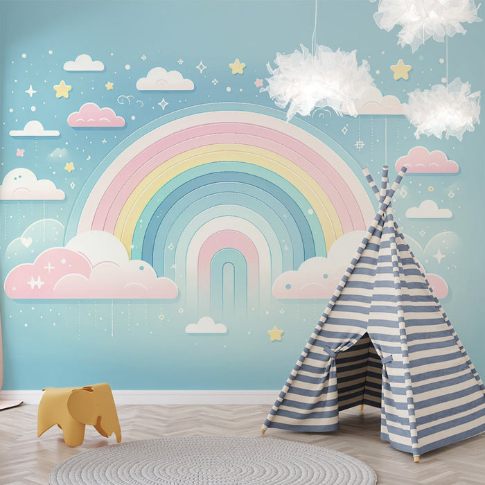 Rainbow Mural Wallpaper | Clouds, Stars, Moon Crescents, and Blue Background