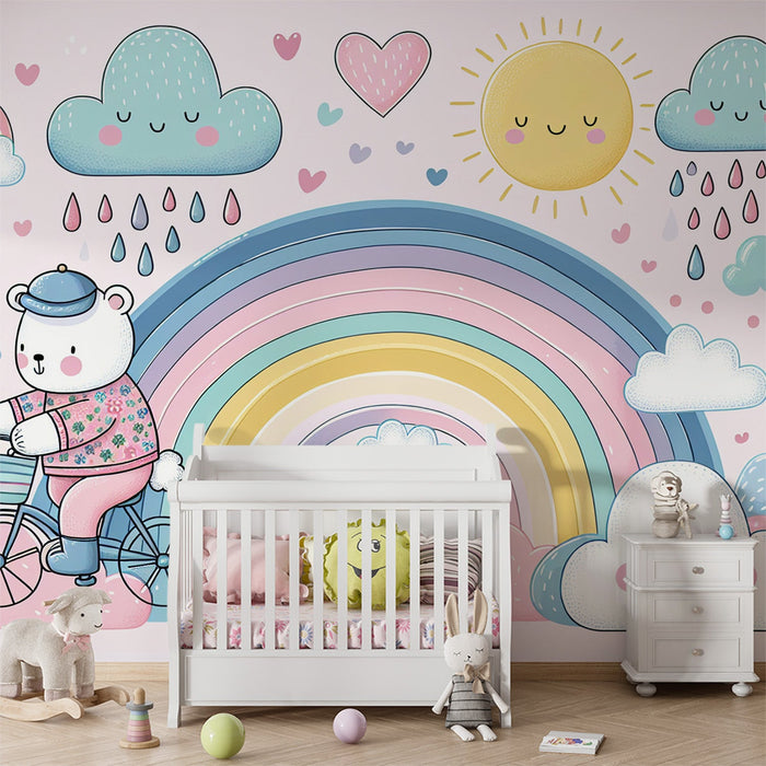 Papel de parede com mural de arco-íris | Urso em uma bicicleta, nuvens e chuva