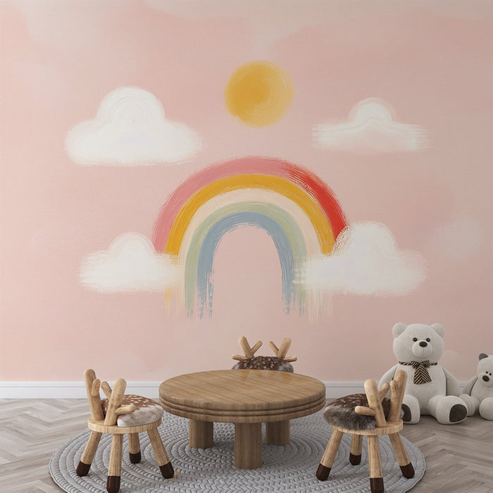 Rainbow Mural Wallpaper | Painting with clouds, rainbow, and sun