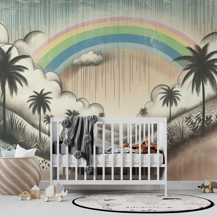 Rainbow Mural Wallpaper | Tropical Black and White with Colorful Rainbow