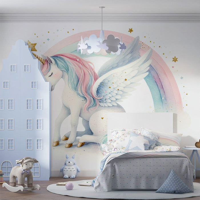 Papel pintado arcoíris acuarela | Unicornio y estrellas doradas